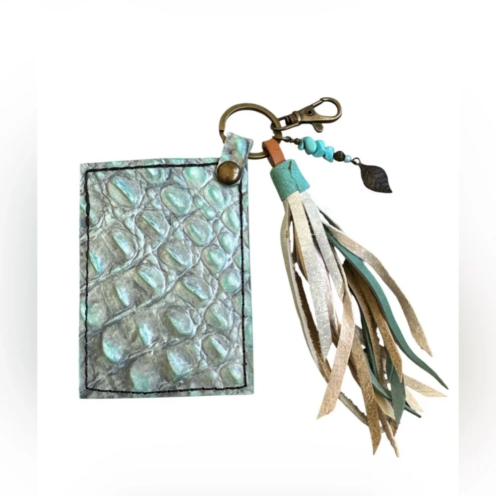 Artisan Handmade Western Southwest Leather Card Holder Turquoise Gator Wallet